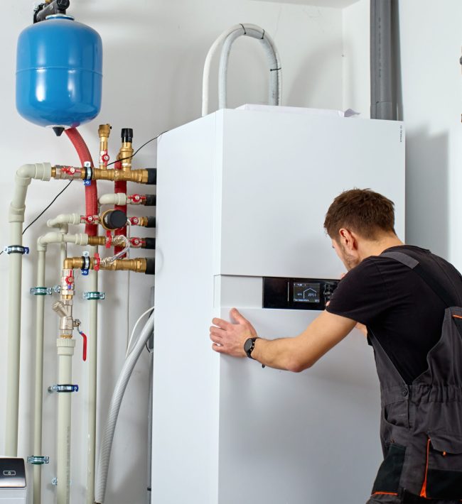 Technician installing indoor heat pump system with pipes and expansion tank. Man adjusting control panel on heat pump. Concept of home heating installation, energy efficiency and HVAC maintenance